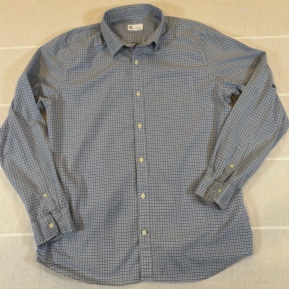 GAP Men's Large Shirt Blue Mini Tattersall Check Plaid Standard Fit Stretch L/S